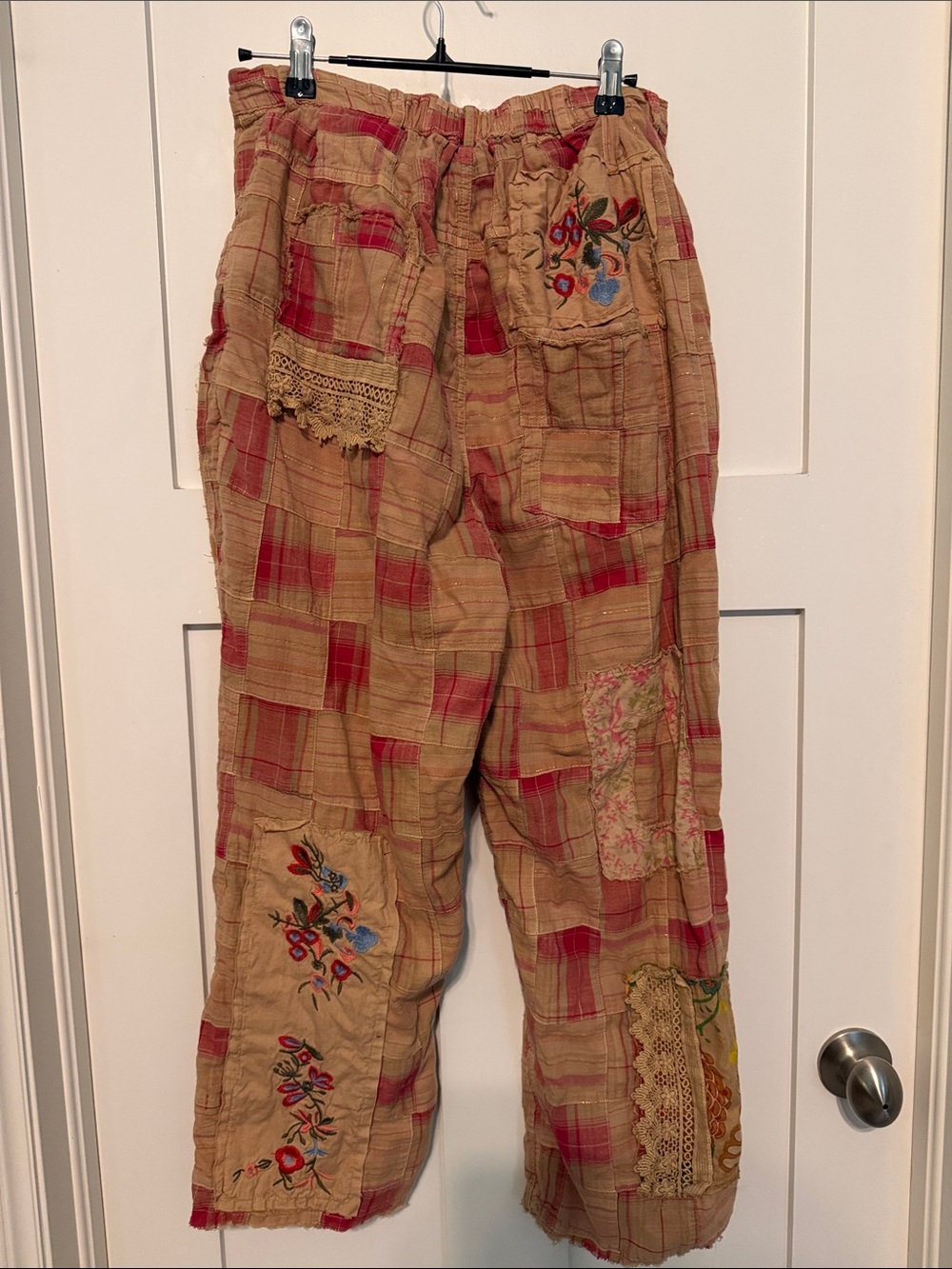 Jaded Gypsy Embroidered Patchwork Red and Tan Cream Boho Pants 100% Cotton - Picture 4 of 8